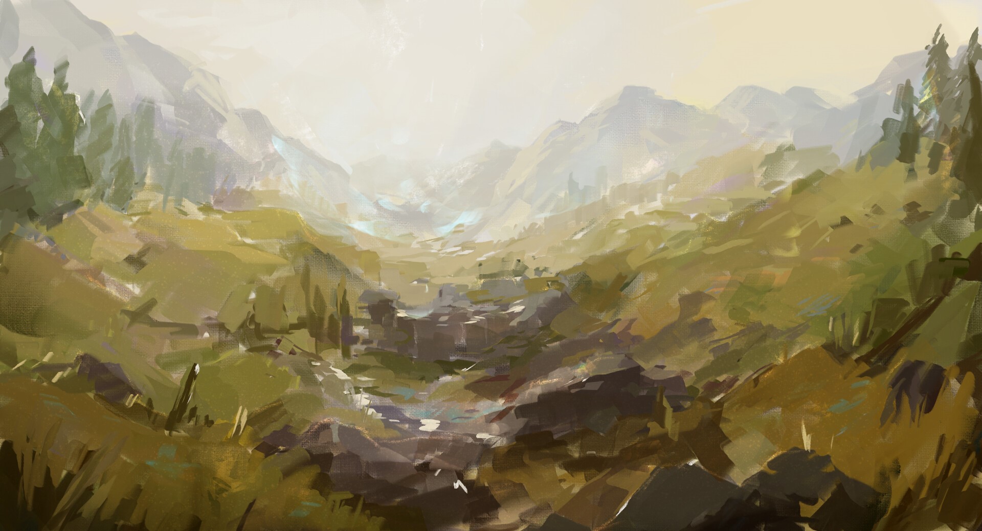 Scenic painting of a valley